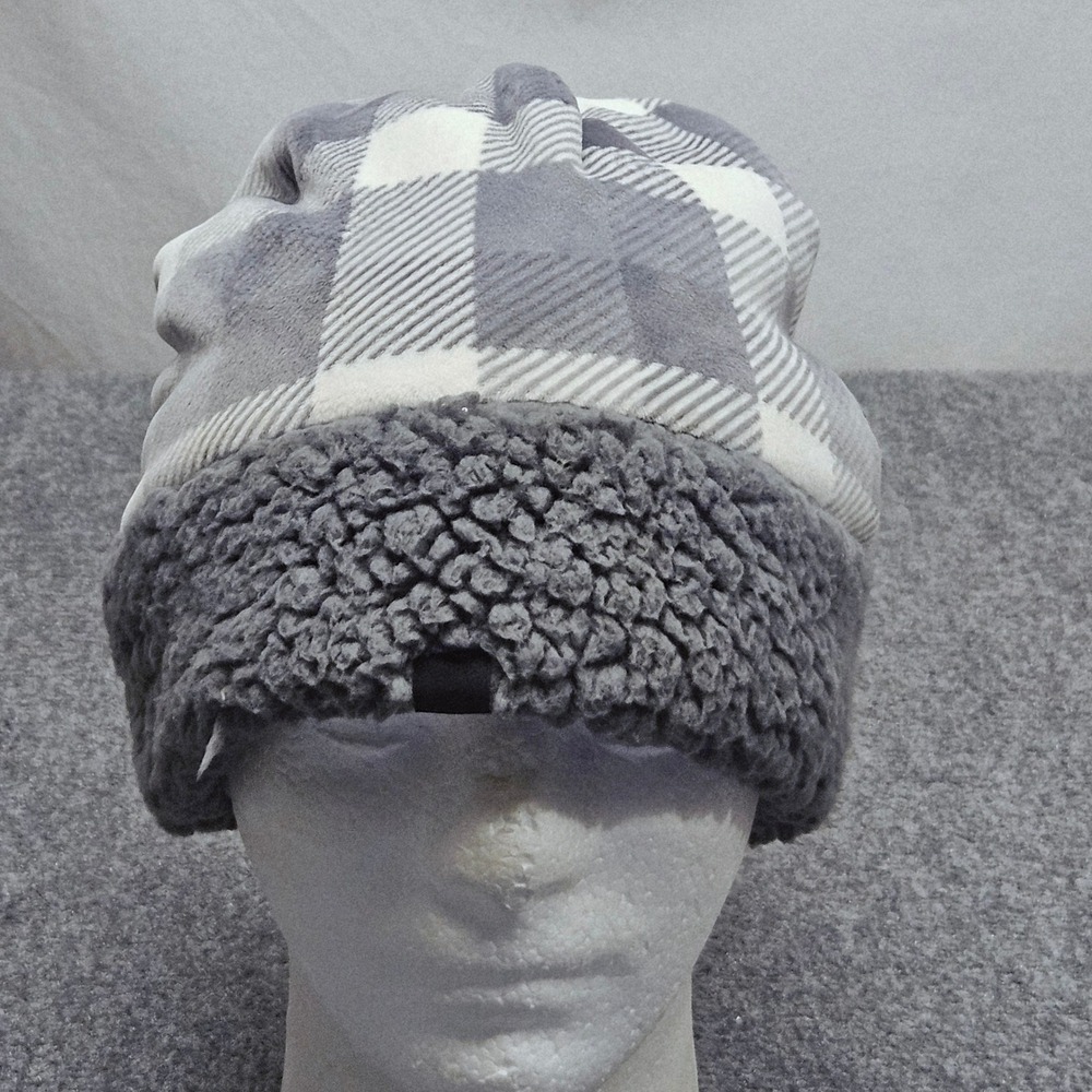 CuddlDuds Plaid‎ Sherpa Lined Beanie Hat Gray White Fleece Winter Warm